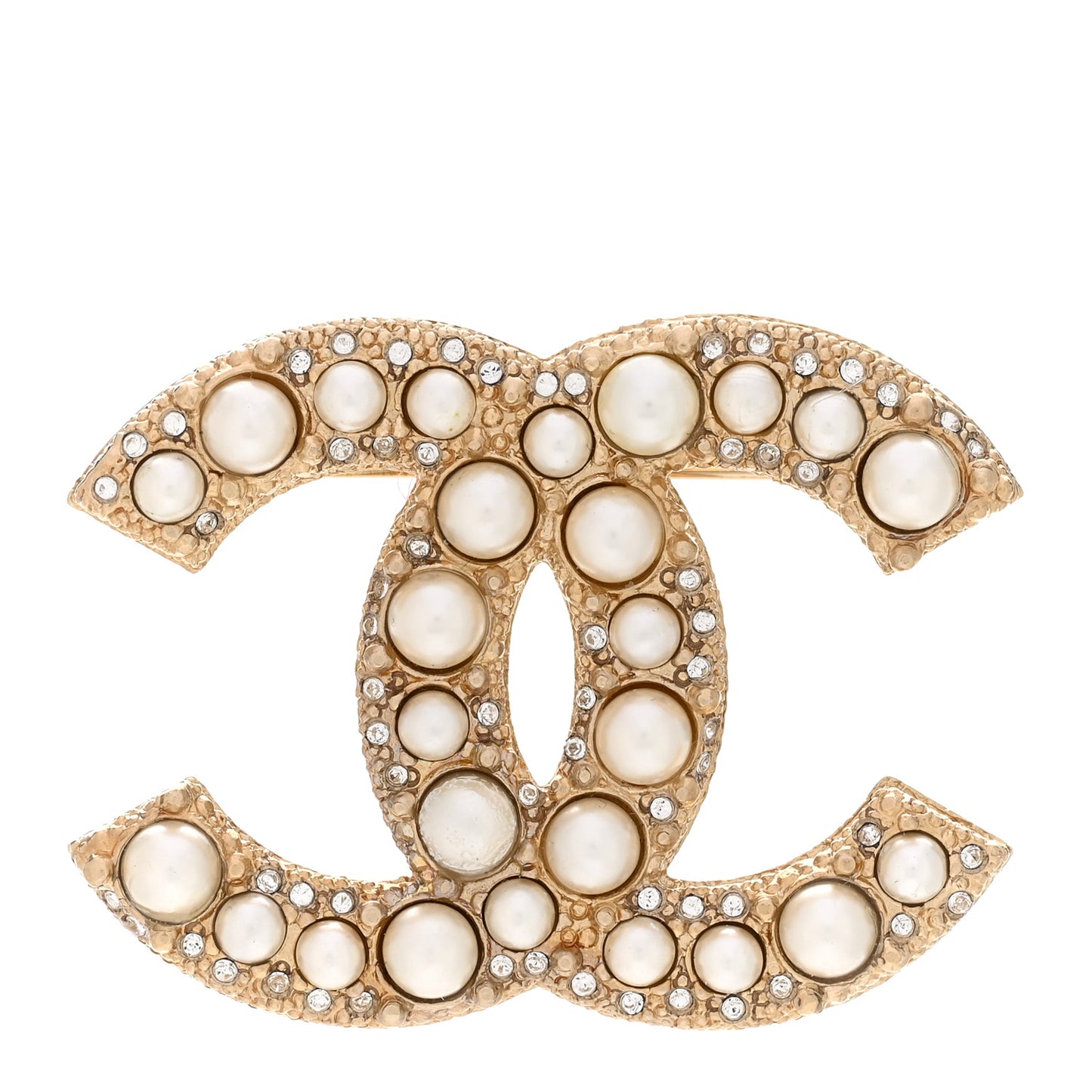 Metal Crystal Graduated Pearl CC Brooch Gold