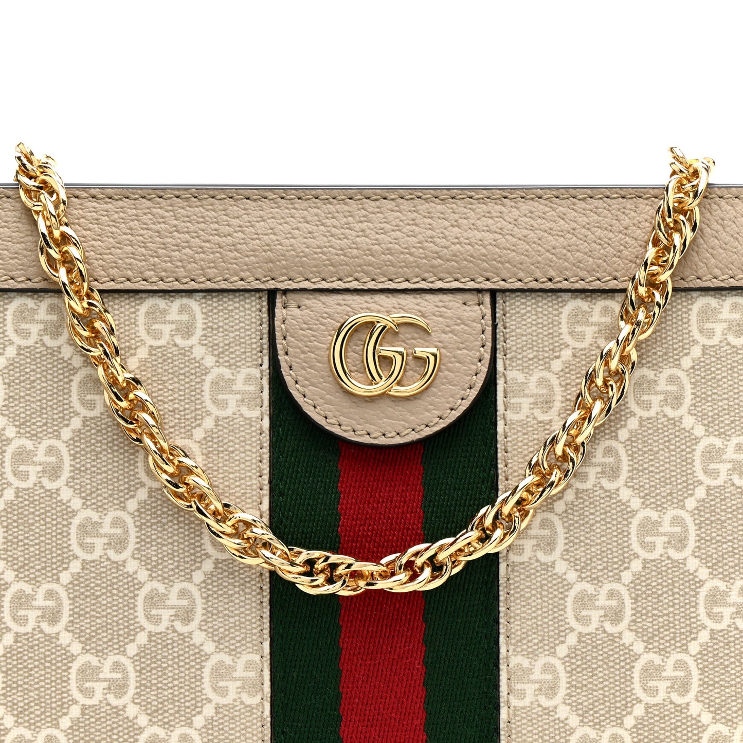 GG Supreme Monogram Textured Dollar Calfskin Web Small Ophidia Chain Shoulder Bag Beige Mystic White Oatmeal