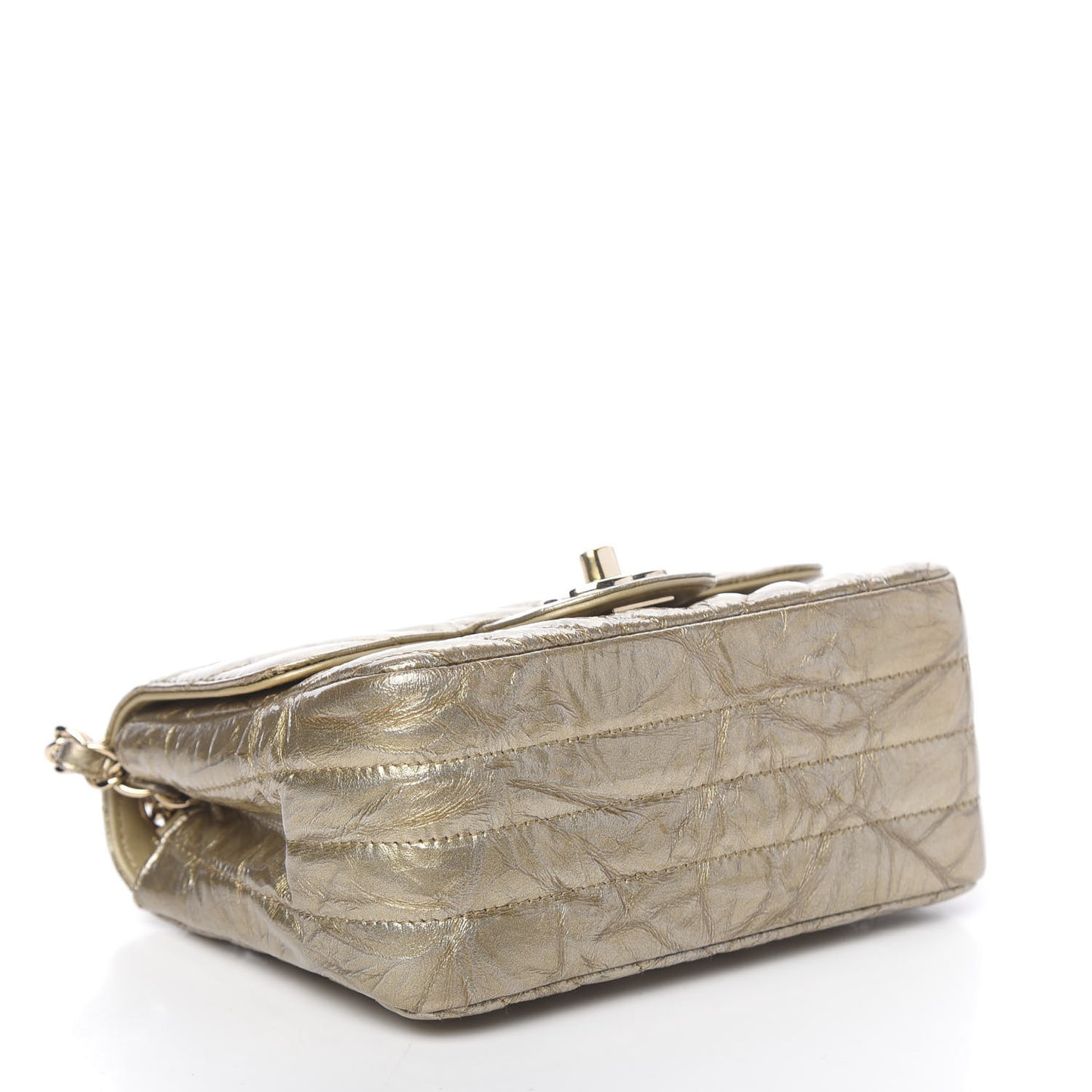Patent Metallic Crumpled Calfskin Chevron Quilted Mini Square Flap Gold