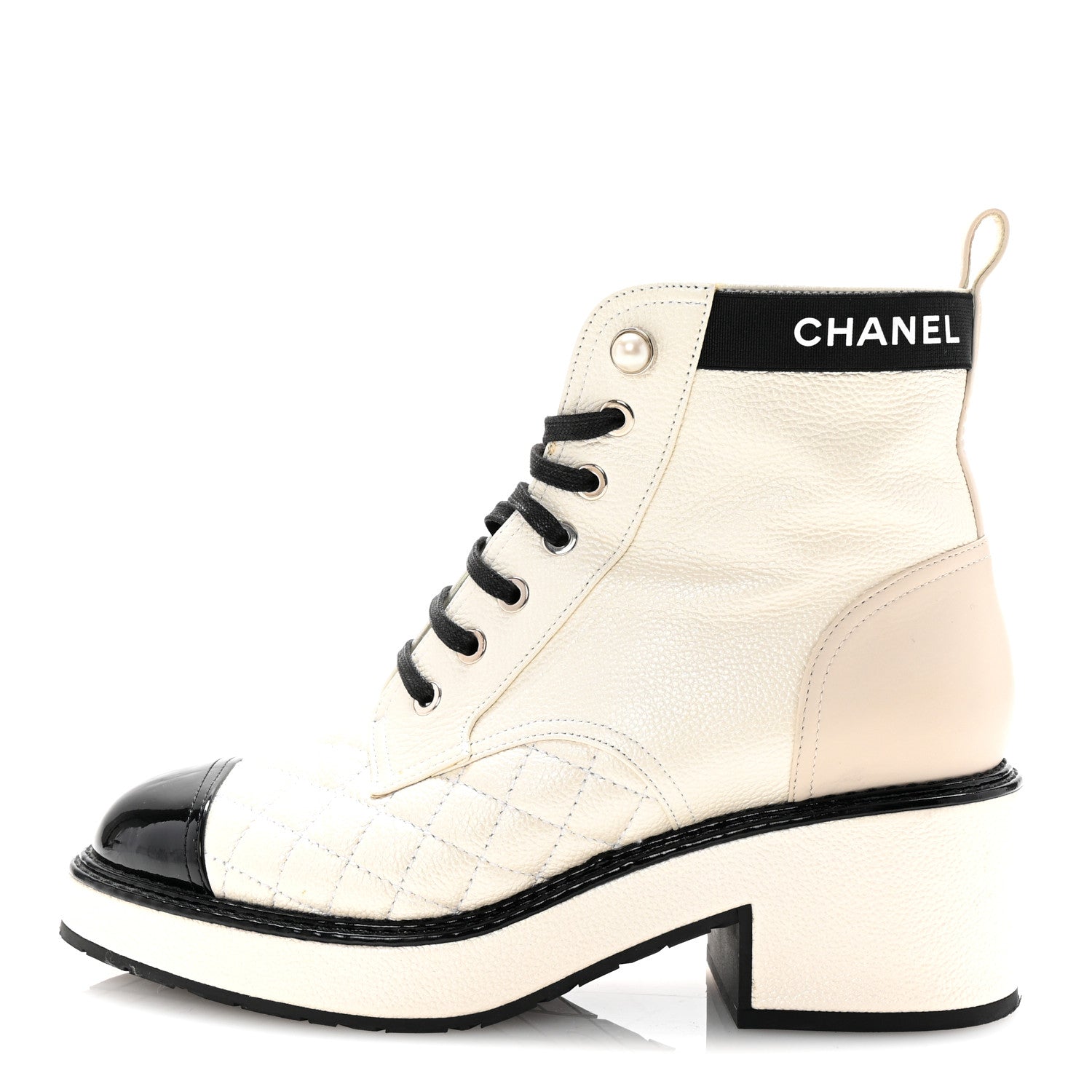 Chanel Pearly Calfskin Patent Calfskin Quilted Lace Up Boots 37 White Light Gray Black 1 of 9