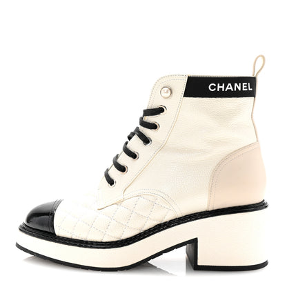 Chanel Pearly Calfskin Patent Calfskin Quilted Lace Up Boots 37 White Light Gray Black 1 of 9