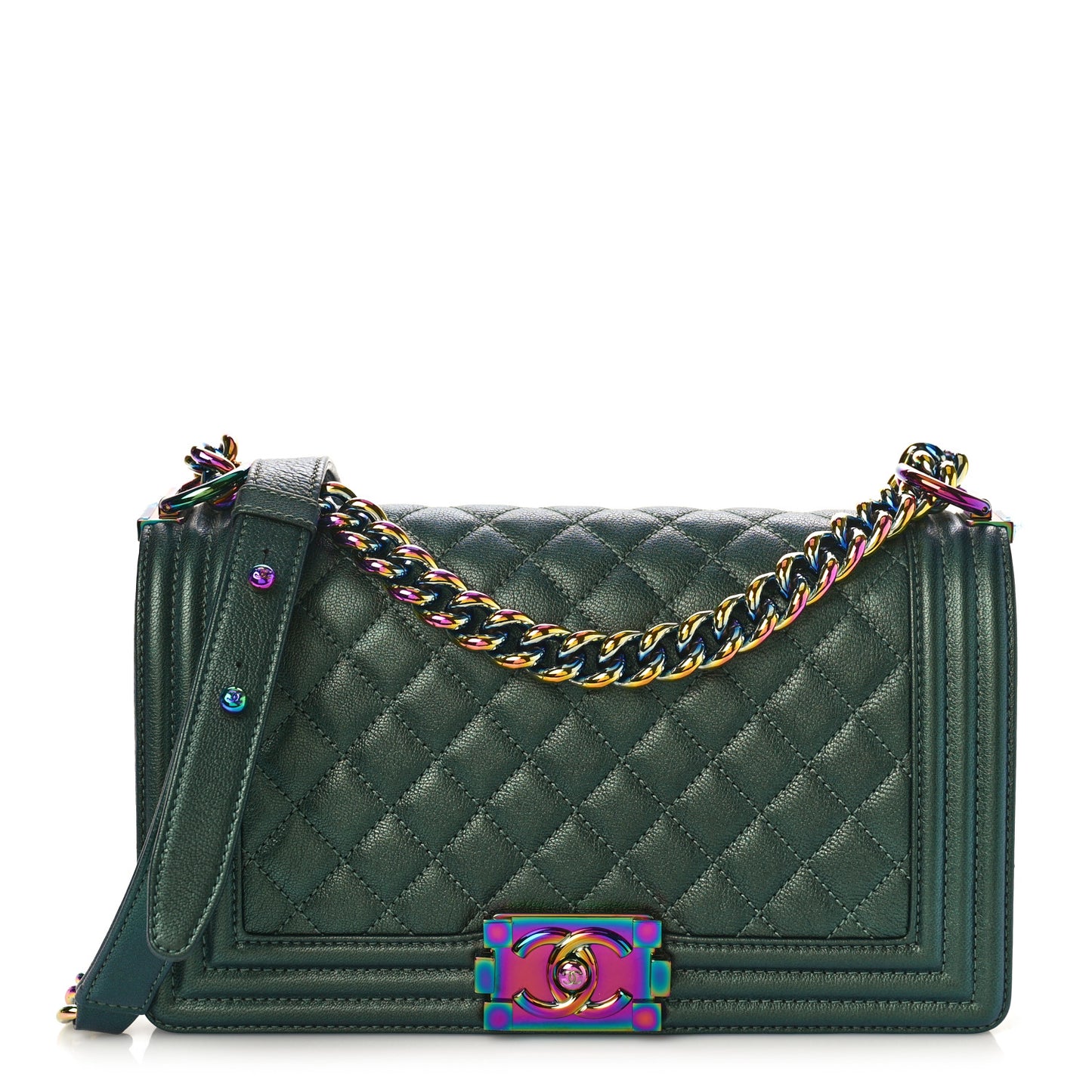 Iridescent Goatskin Quilted Medium Boy Flap Green
