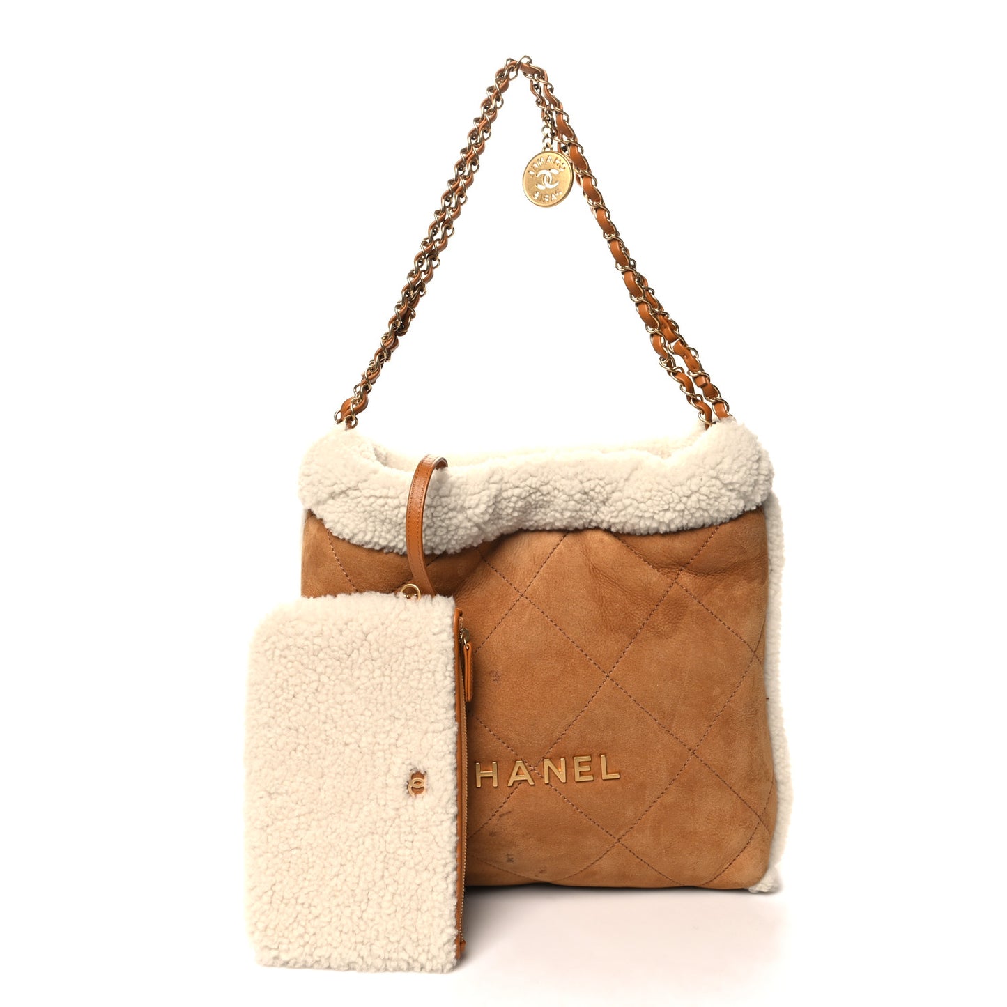 Suede Shearling Quilted Small Chanel 22 Brown White