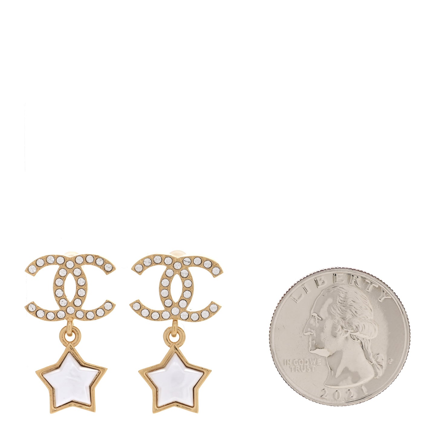 Metal Crystal Pearl CC Star Drop Earrings Gold Pearly White