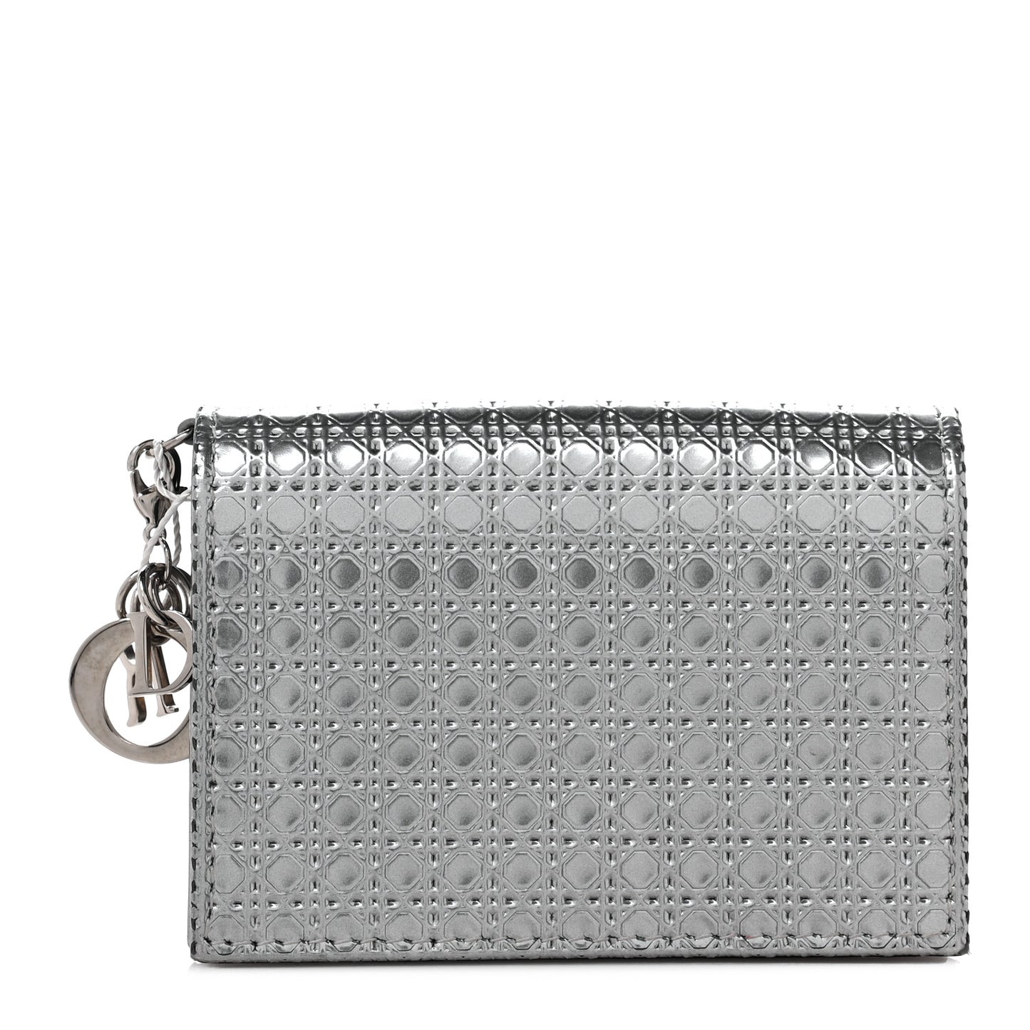 Metallic Patent Micro-Cannage Lady Dior Card Holder Silver