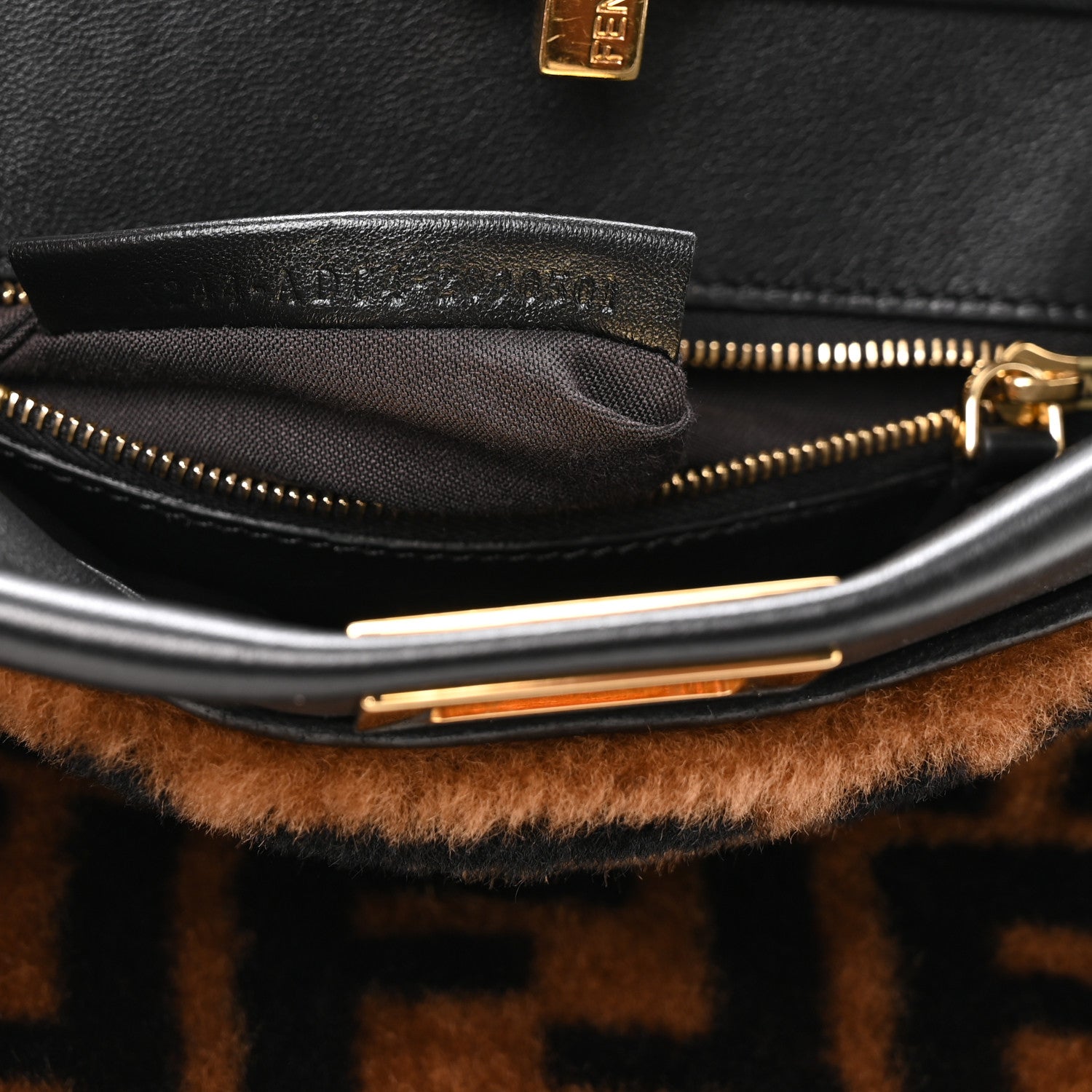 Fendi Shearling Nappa Macro FF 1974 Mini Peekaboo Iconic Satchel Tobacco Black 7 of 12