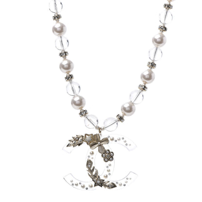 Chanel Resin Pearl Crystal CC Necklace Pearly White Transparent Gold 1 of 6