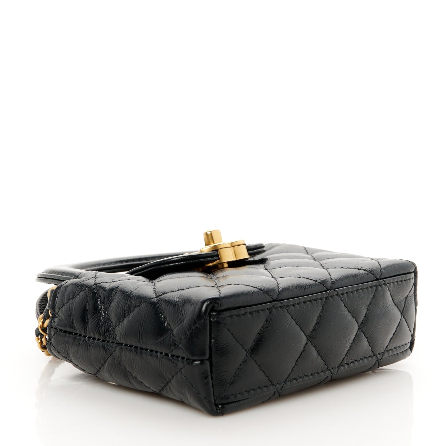 Shiny Aged Calfskin Quilted Mini Nano Kelly Shopper Black