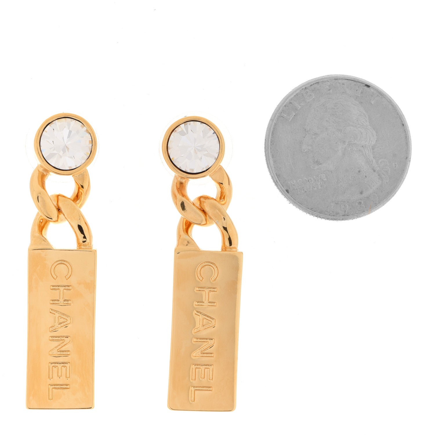 Chanel Crystal Tag Drop Earrings Gold 2 of 5