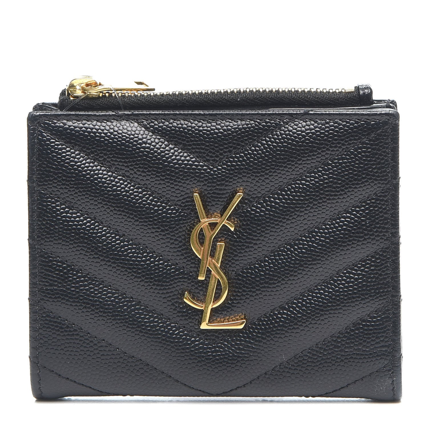Saint Laurent Grain De Poudre Matelasse Chevron Monogram Zipped Card Case Black 1 of 7