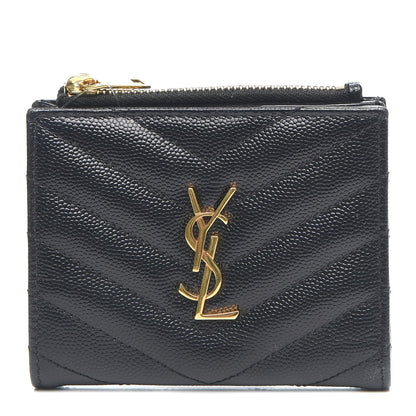 Saint Laurent Grain De Poudre Matelasse Chevron Monogram Zipped Card Case Black 1 of 7