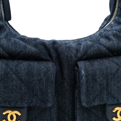 Chanel Washed Denim Quilted Maxi Trendy Pockets Hobo Dark Blue 7 of 9