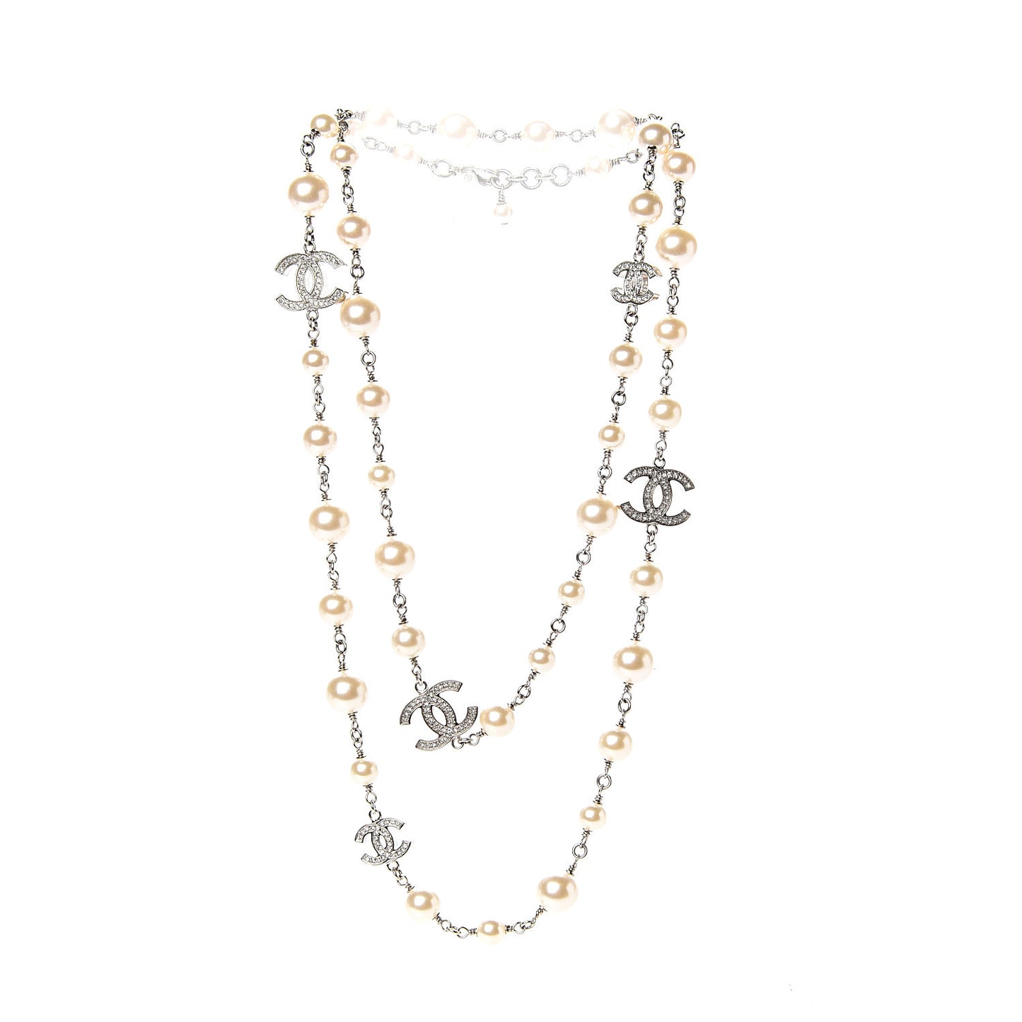 Crystal Pearl CC Long Necklace Silver
