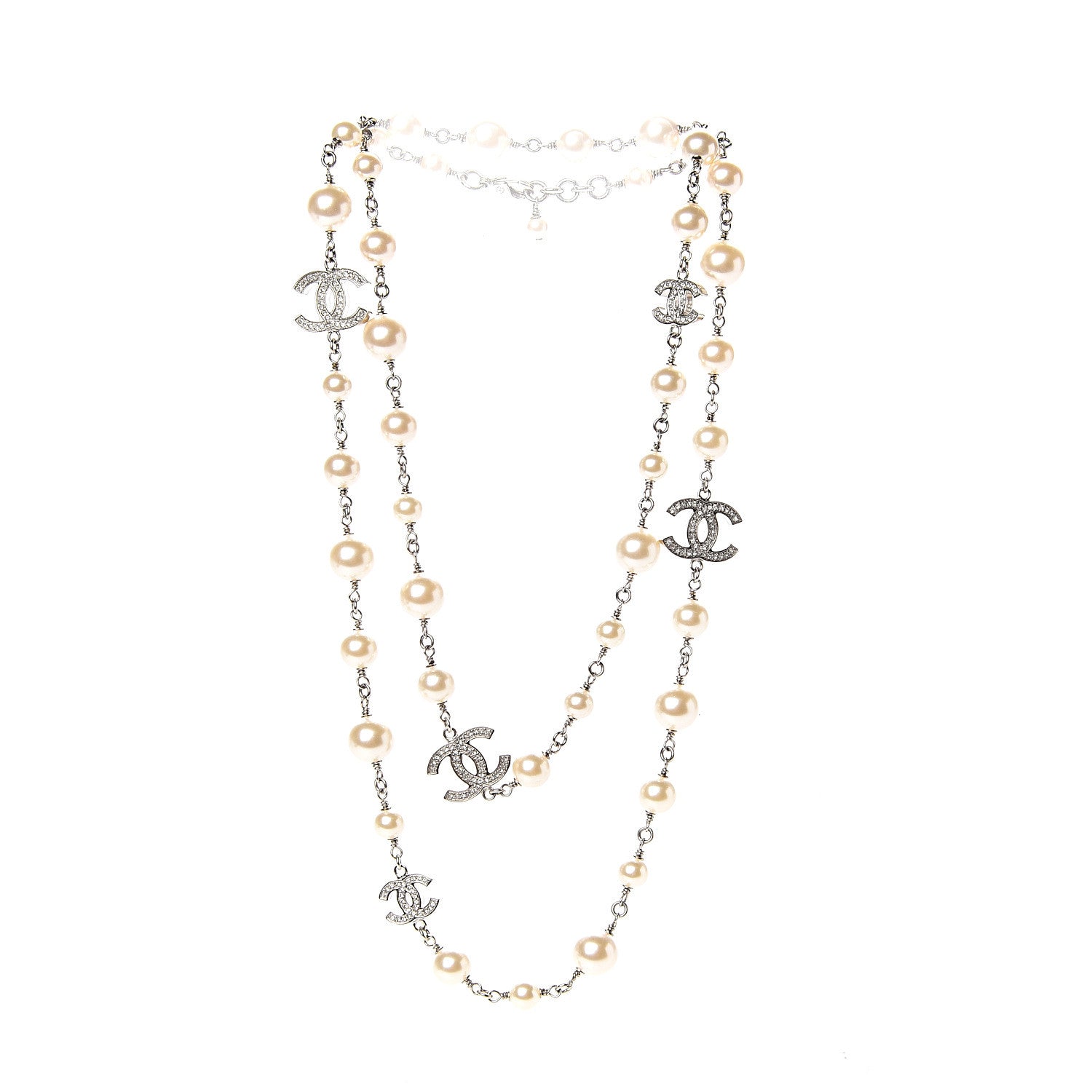 Chanel Crystal Pearl CC Long Necklace Silver 2 of 5