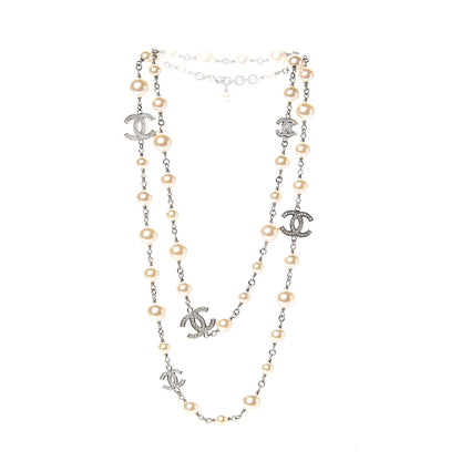 Chanel Crystal Pearl CC Long Necklace Silver 2 of 5