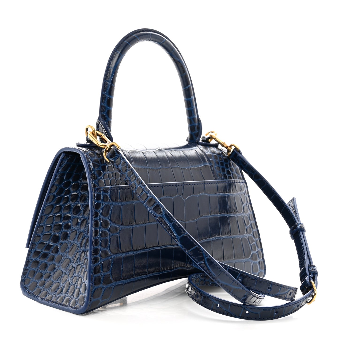 Shiny Calfskin Crocodile Embossed Small Hourglass Top Handle Bag Navy
