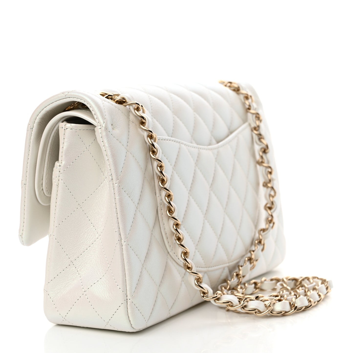 Iridescent Calfskin Quilted Medium Double Flap White