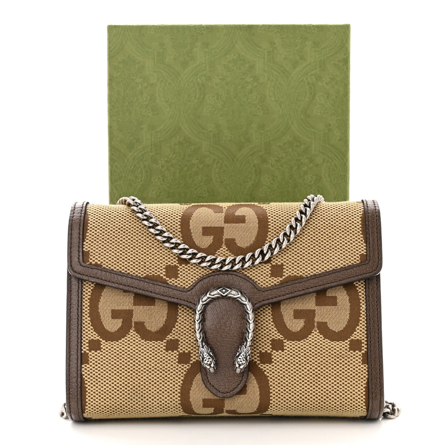 Monogram Jumbo GG Textured Dollar Calfskin Mini Dionysus Chain Wallet Camel Ebony New Acero