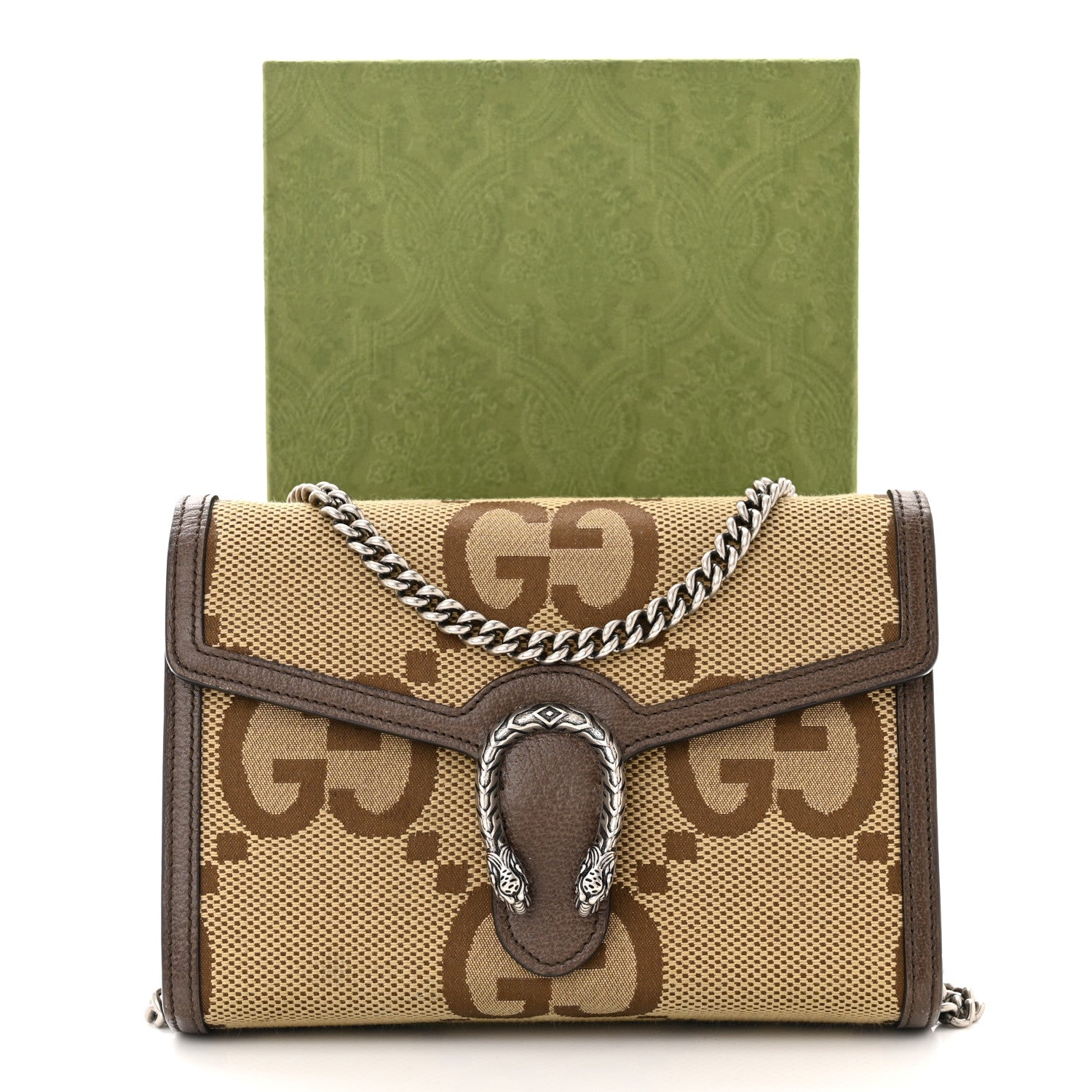 Gucci Monogram Jumbo GG Textured Dollar Calfskin Mini Dionysus Chain Wallet Camel Ebony New Acero 13 of 13
