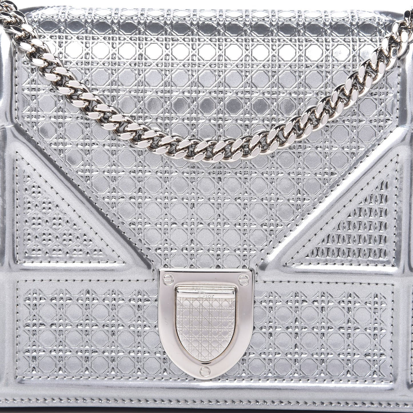 Metallic Patent Micro-Cannage Diorama Wallet on Chain Pouch Silver