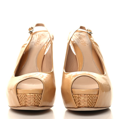 Gucci Patent Raffia Peep Toe Sling Back Sandals 38 Beige 2 of 9