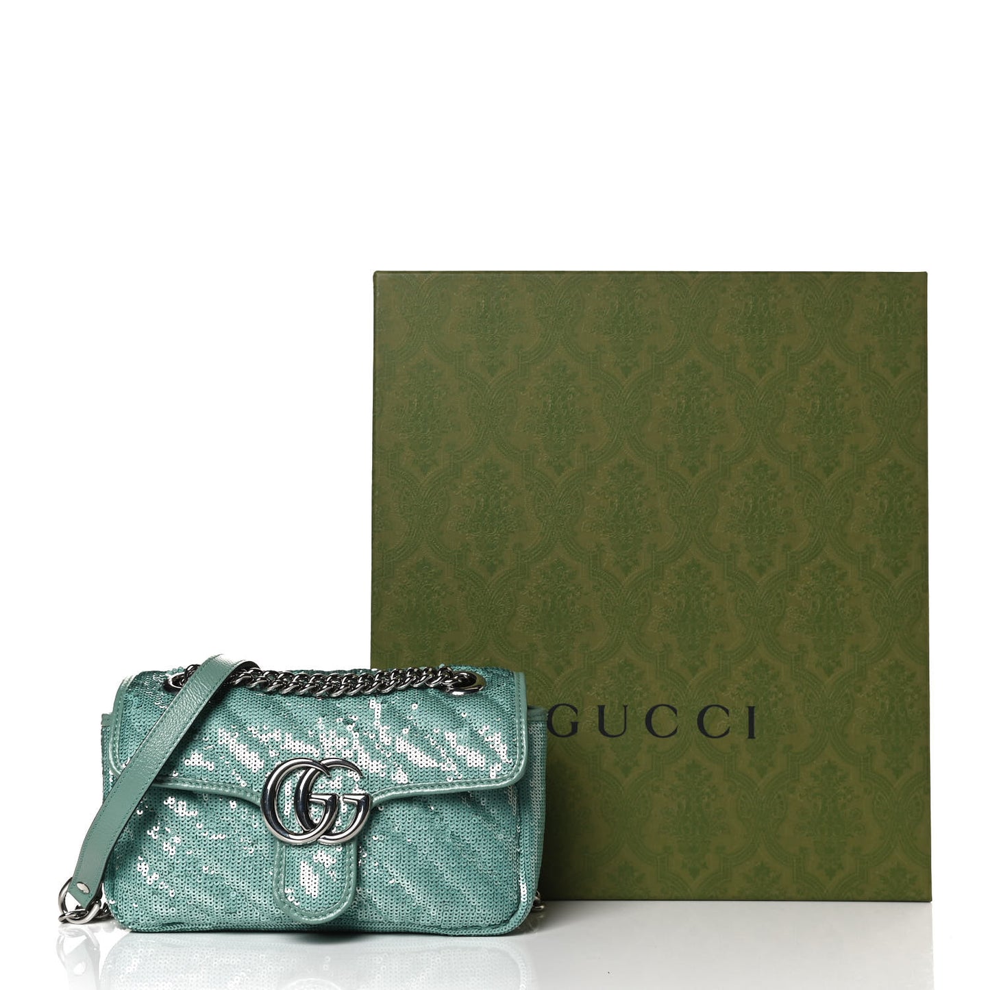 Sequin Matelasse Diagonal Mini GG Marmont Shoulder Bag Water Green Verde Chiaro Light Water Green
