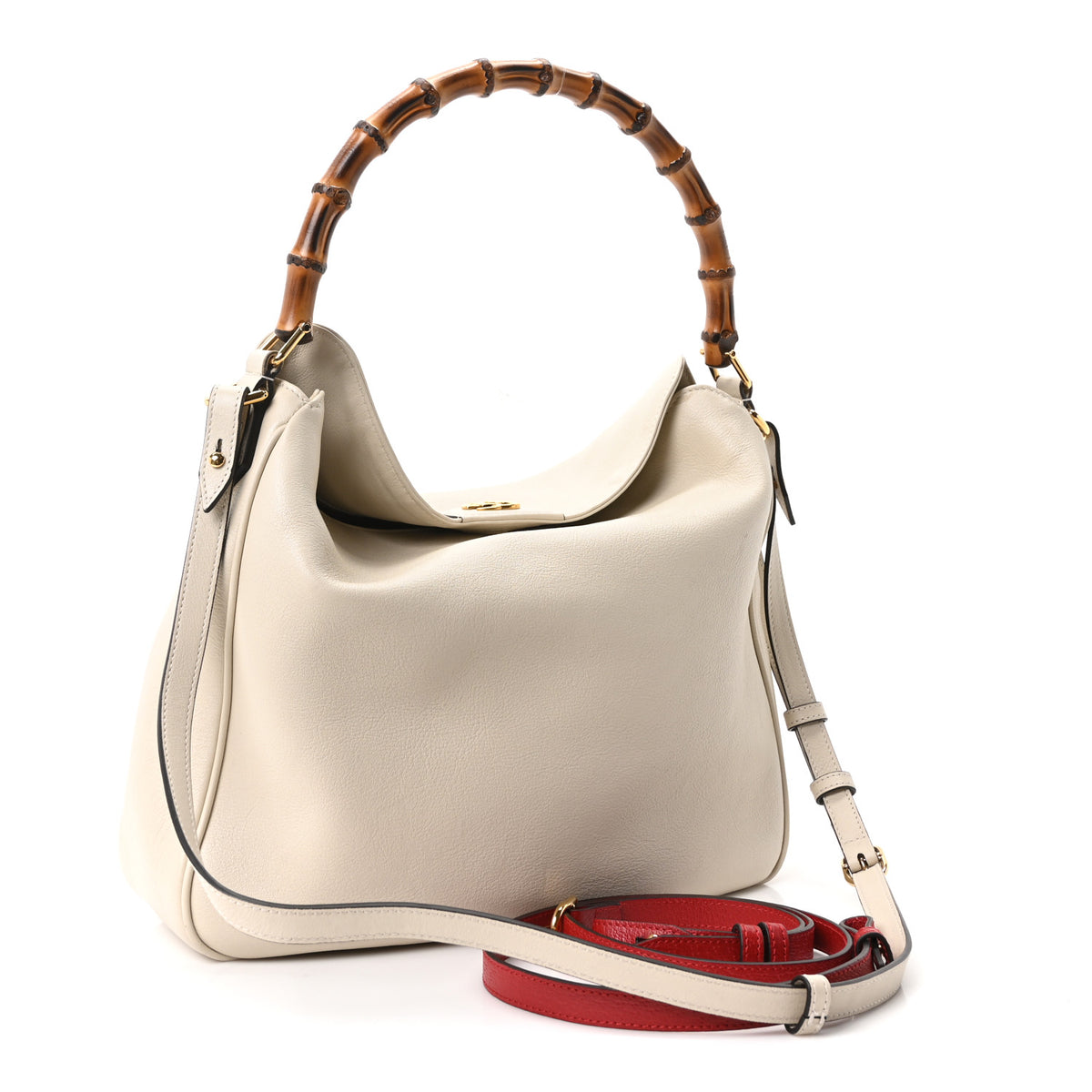 Gucci Softy Wonka Textured Dollar Calfskin Large Diana Bamboo Shoulder Bag Mystic White Hibiscus Red 2 of 10