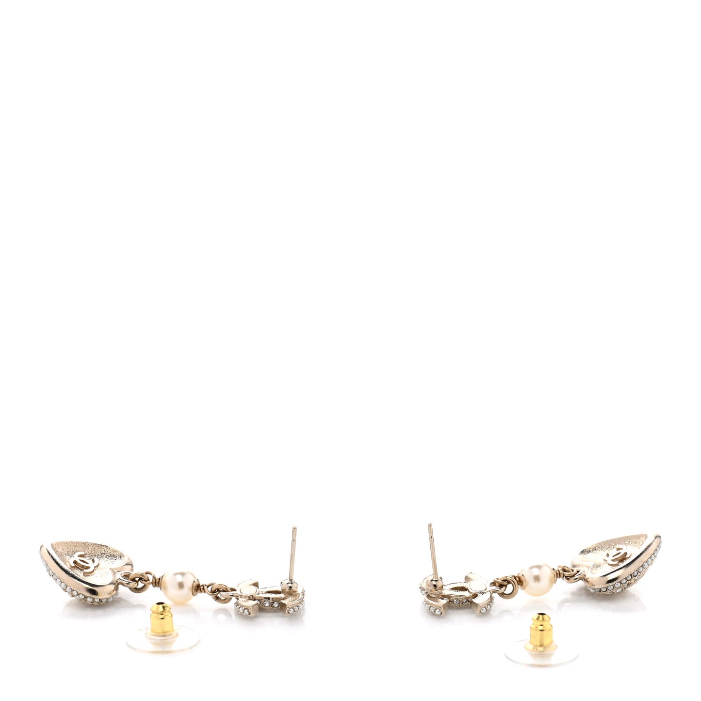 Pearl Crystal CC Heart Drop Earrings Gold White