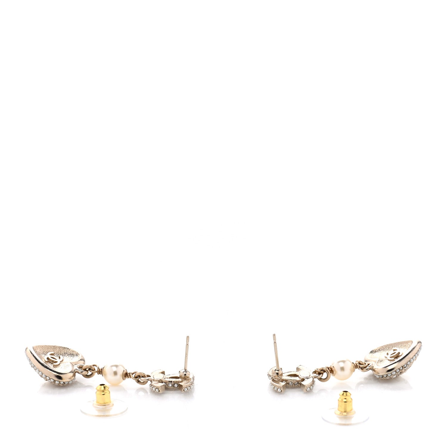 Chanel Pearl Crystal CC Heart Drop Earrings Gold White 3 of 4