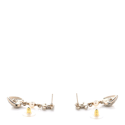 Chanel Pearl Crystal CC Heart Drop Earrings Gold White 3 of 4