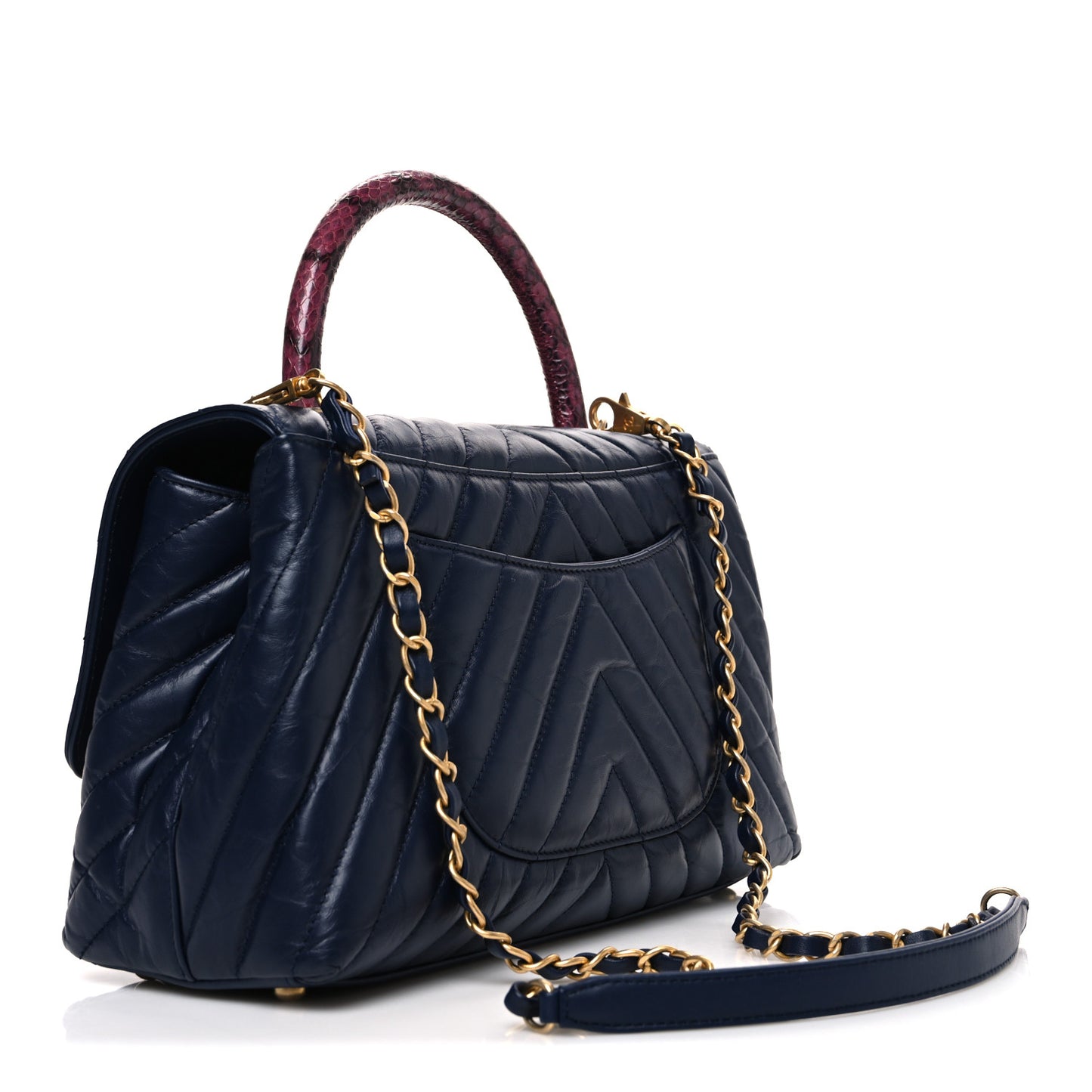 Aged Calfskin Elaphe Chevron Quilted Small Coco Handle Flap Navy