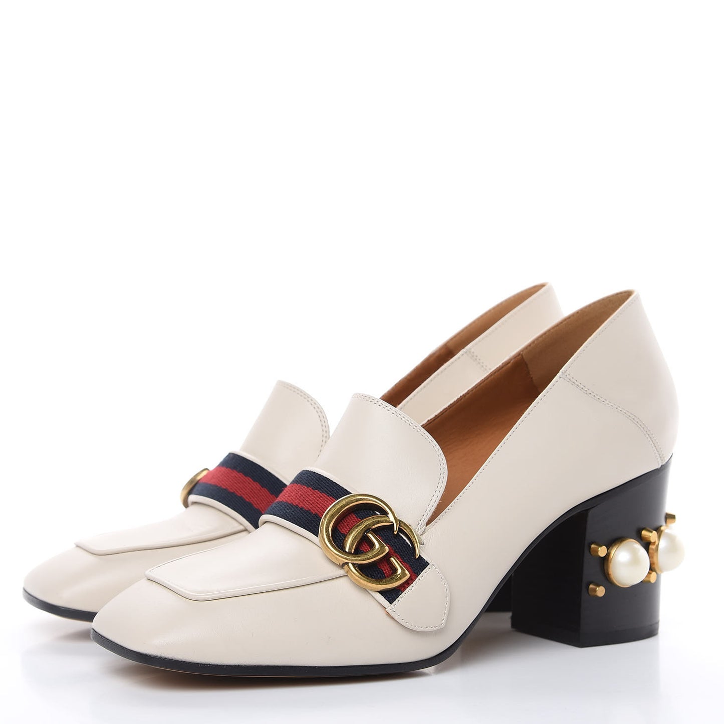Betis Glamour Calfskin Web Pearl Embellished Peyton 75mm Loafer Pumps 39 Mystic White