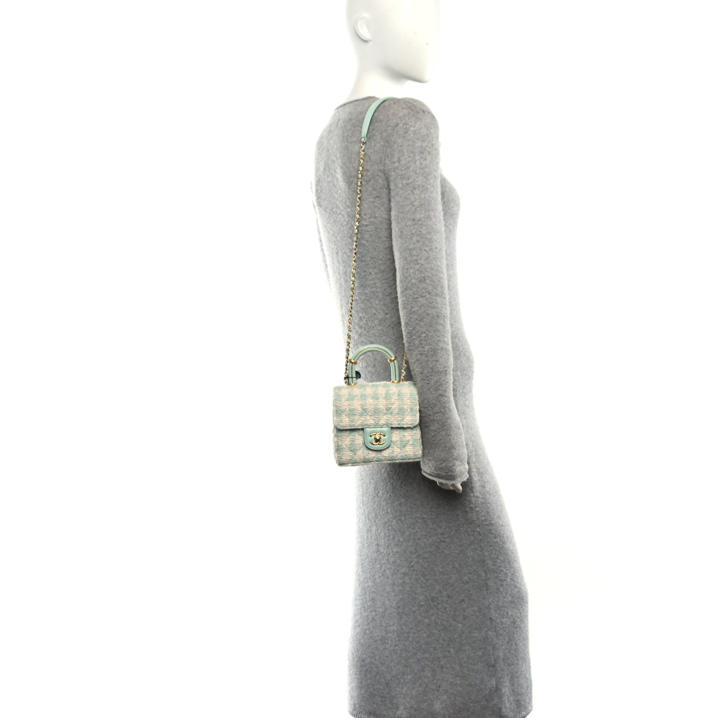 Tweed Handle Crush Top Handle Flap Bag Light Blue Ecru