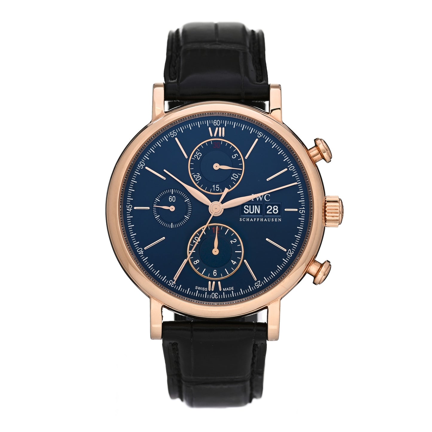 18K Rose Gold Alligator 42mm Portofino Chronograph Automatic Watch Blue IW391035
