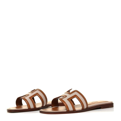 Hermes Calfskin Canvas Oran Sandals 37.5 Noisette Beige Dore 3 of 7