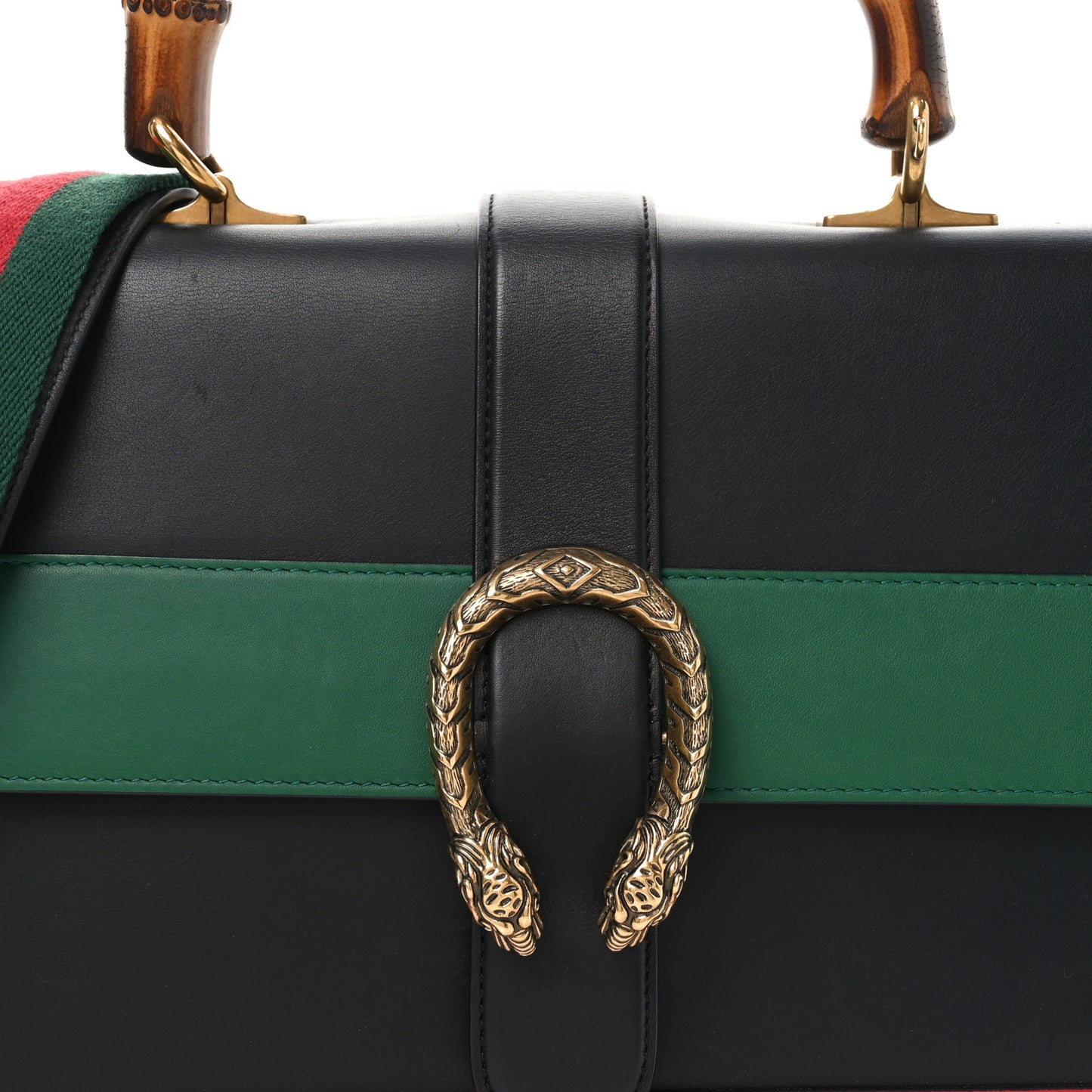 Calfskin Bamboo Web Large Dionysus Top Handle Bag Black Bright Evergreen Hibiscus Red