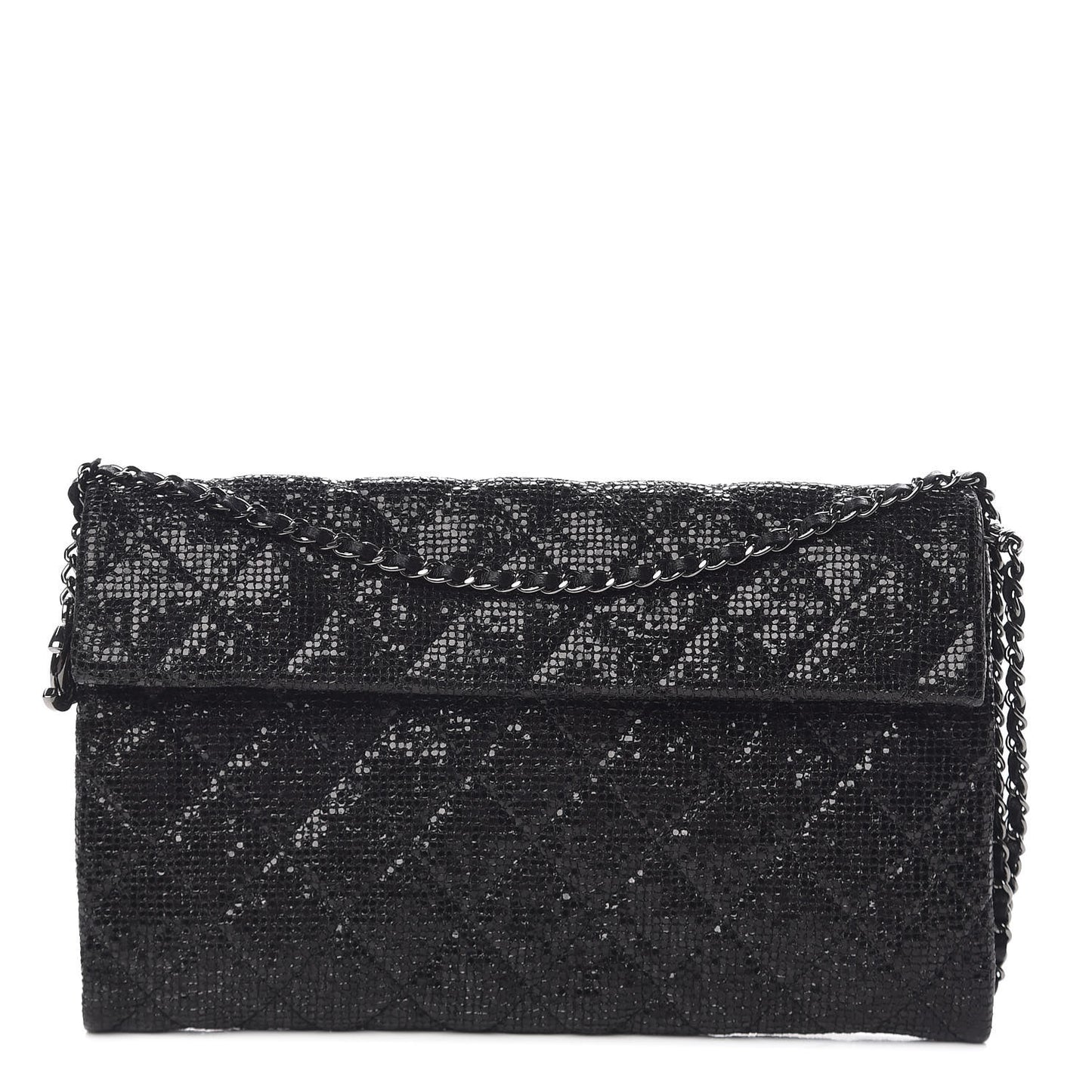 Iridescent Vinyl Quilted Clutch With Chain Black