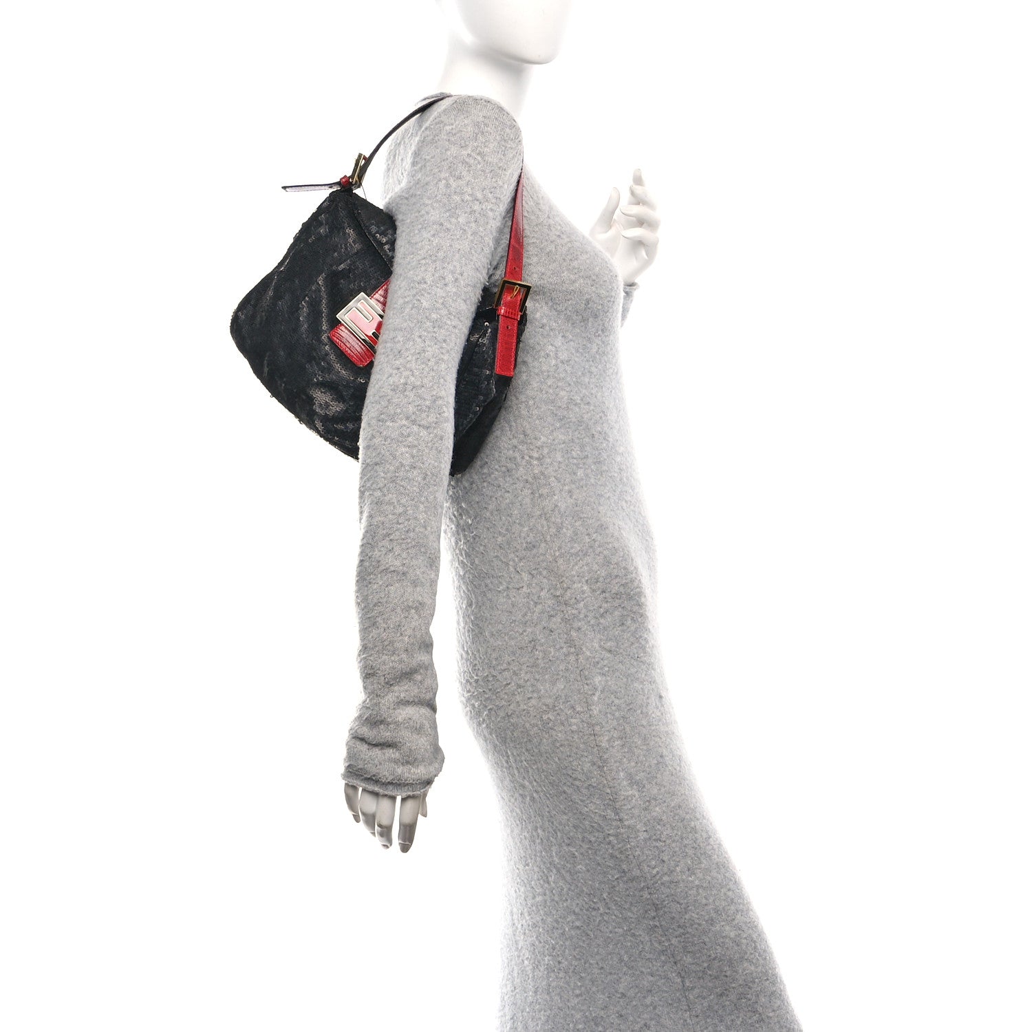 Fendi Sequin Lizard Baguette Black Red 2 of 9