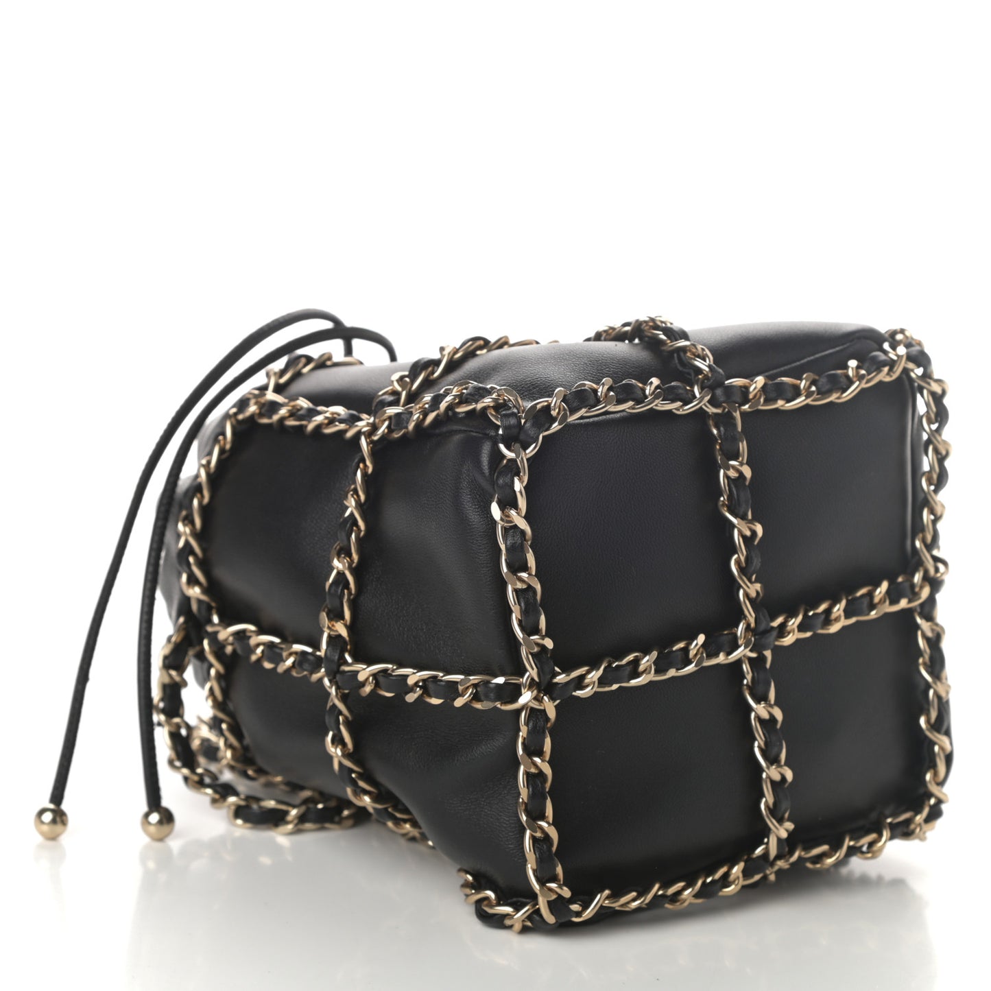 Lambskin Bucket Chain Drawstring Bag Black
