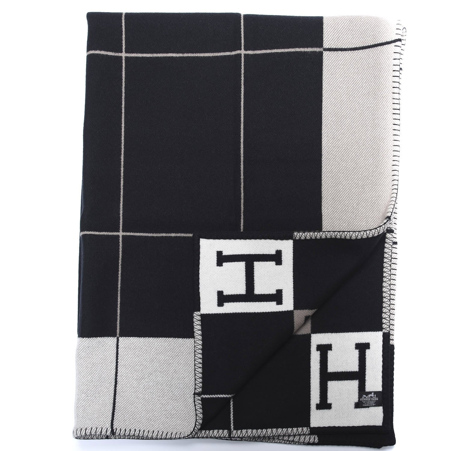 Hermes Wool Cashmere Avalon III Blanket Ecru Black 2 of 3