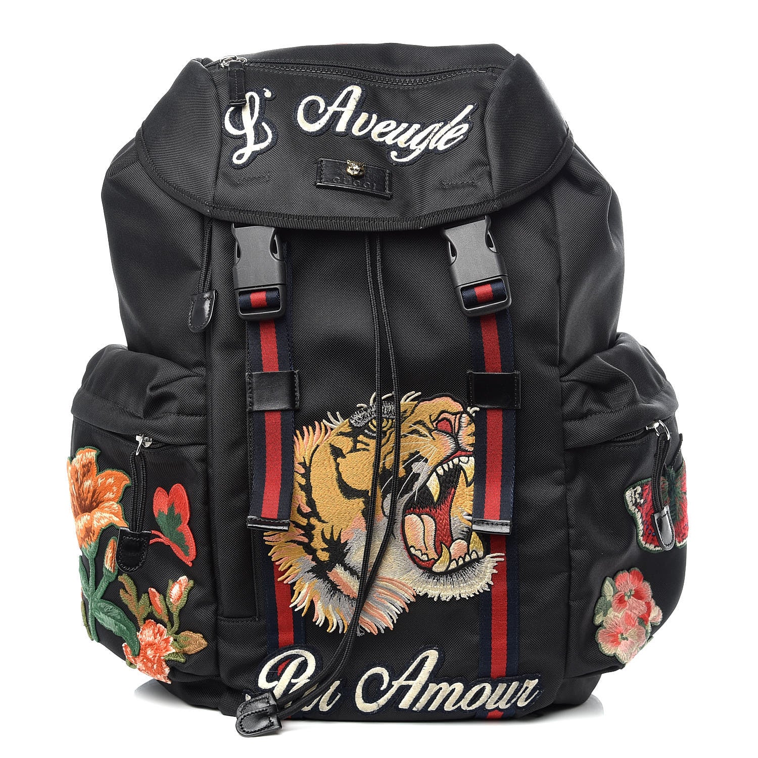 Gucci Techno Canvas Web L'Aveugle Par Amour Embroidered Double Buckle Backpack Black 1 of 14