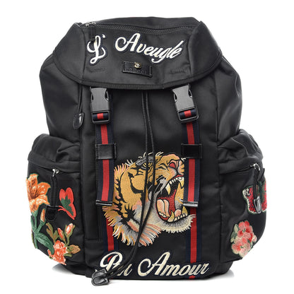 Gucci Techno Canvas Web L'Aveugle Par Amour Embroidered Double Buckle Backpack Black 1 of 14