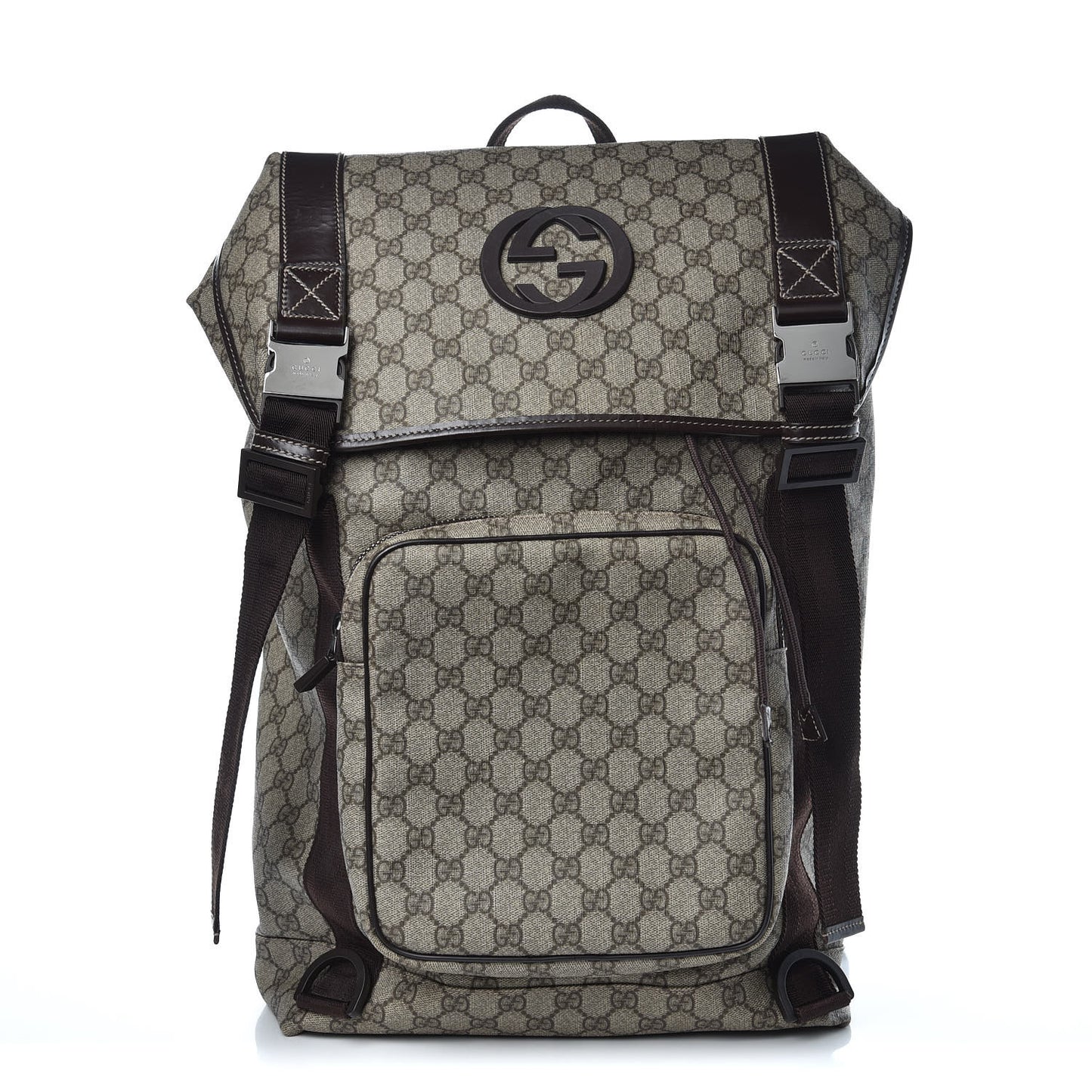 GG Supreme Monogram Large Interlocking G Double Buckle Backpack Dark Brown
