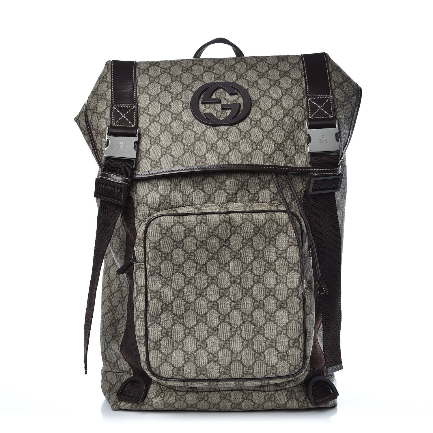 Gucci GG Supreme Monogram Large Interlocking G Double Buckle Backpack Dark Brown 1 of 12