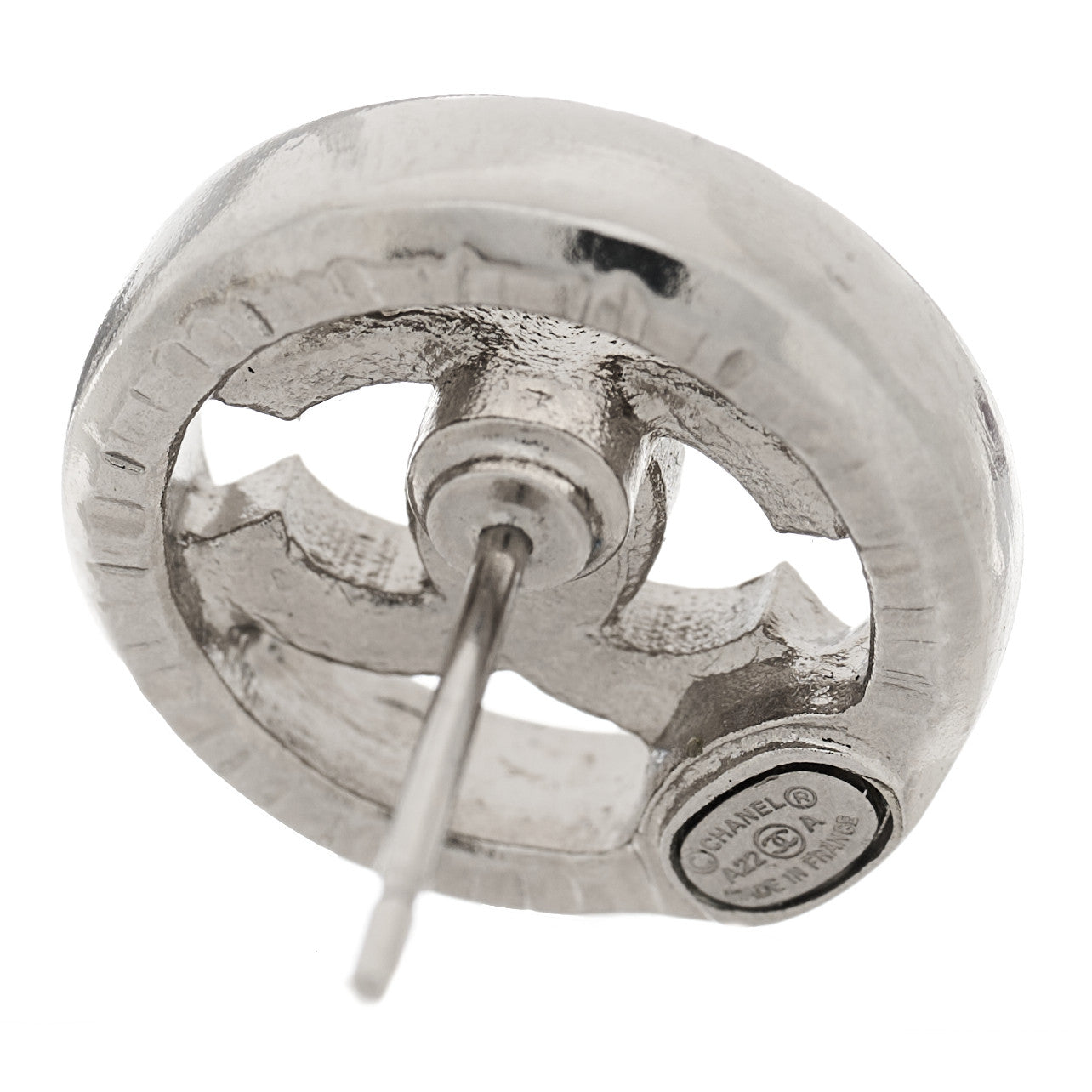 Chanel Metal Crystal Textured CC Round Earrings Silver 4 of 5