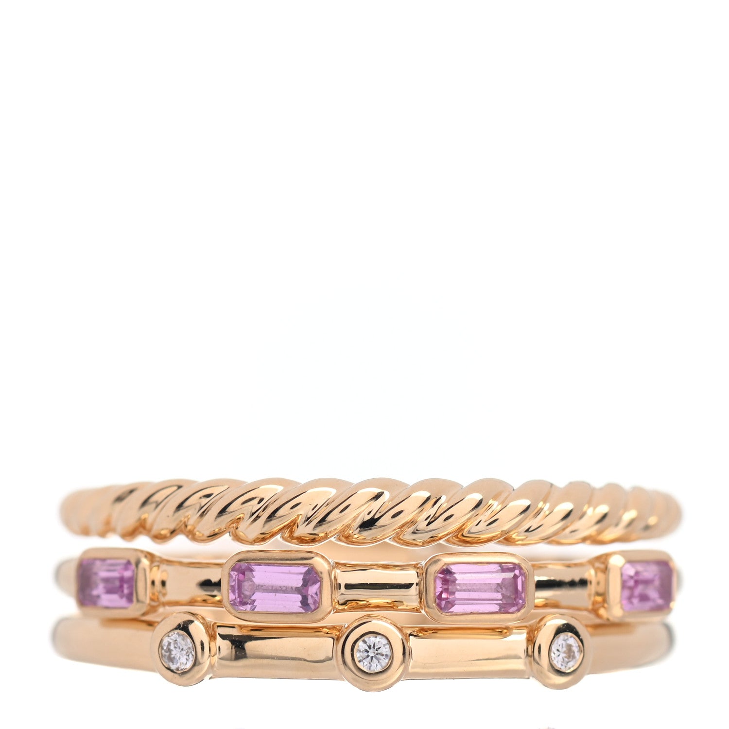 David Yurman 18K Yellow Gold Diamond Pink Sapphire Three Row Novella Ring 54 7 1 of 4