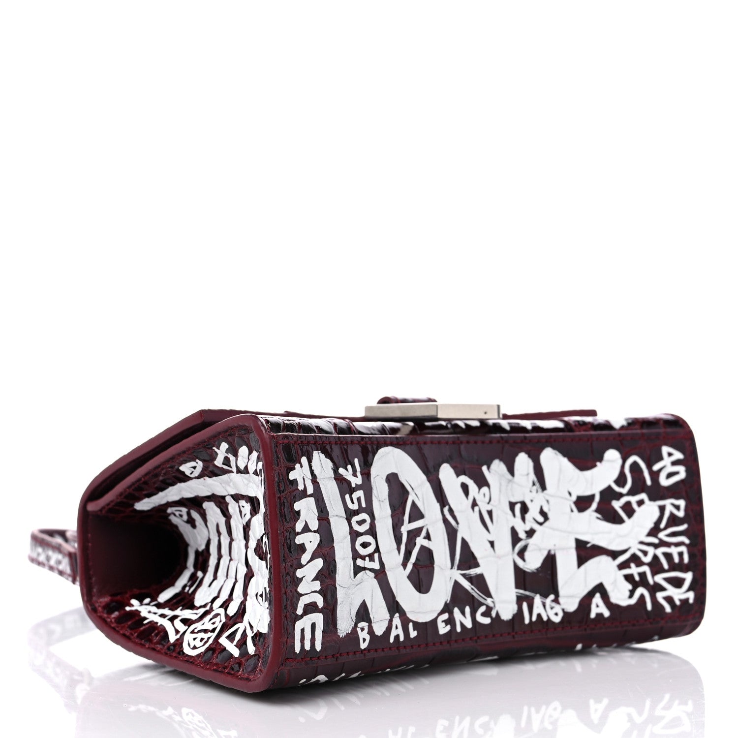 Balenciaga Calfskin Graffiti Crocodile Embossed Hourglass Top Handle Bag XS Dark Red White 4 of 10