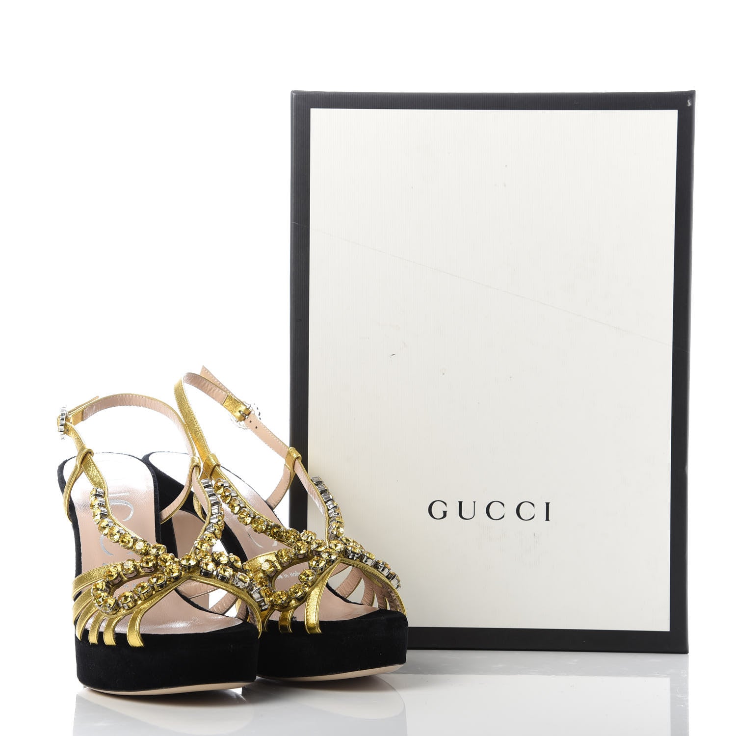 Gucci Velvet Nappa Crystal Zephyra Slingback Platform High Heel Sandals 36 Black Gold 9 of 9