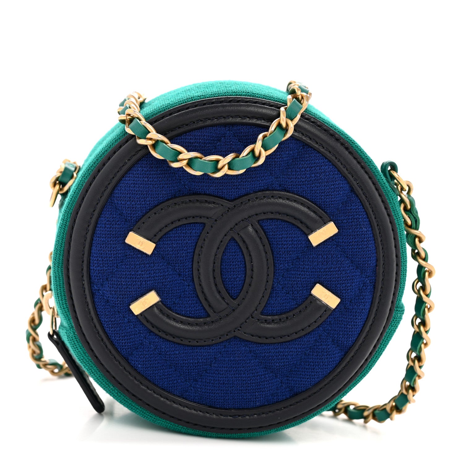 Chanel Jersey Quilted CC Filigree Round Clutch With Chain Blue Green Black 1 of 10