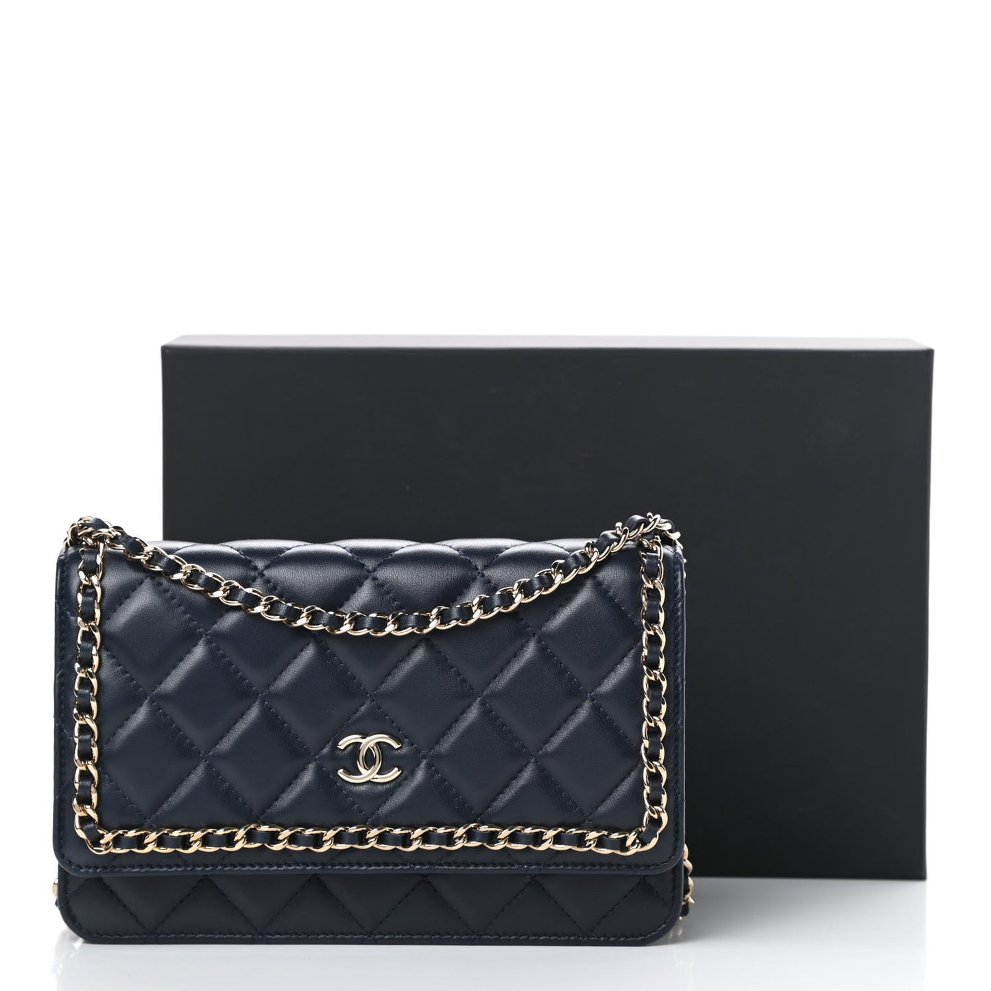 Lambskin Quilted Chain Around Wallet On Chain WOC Navy Blue